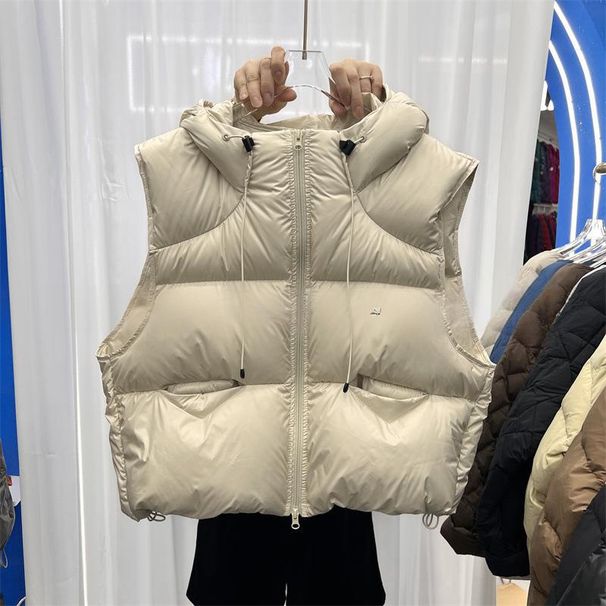 Women's Lightweight Hooded White Goose Down Vest, Oversized Short Puffer Jacket, Casual Zip-Up Outerwear For Fall & Winter_ecoleips.com