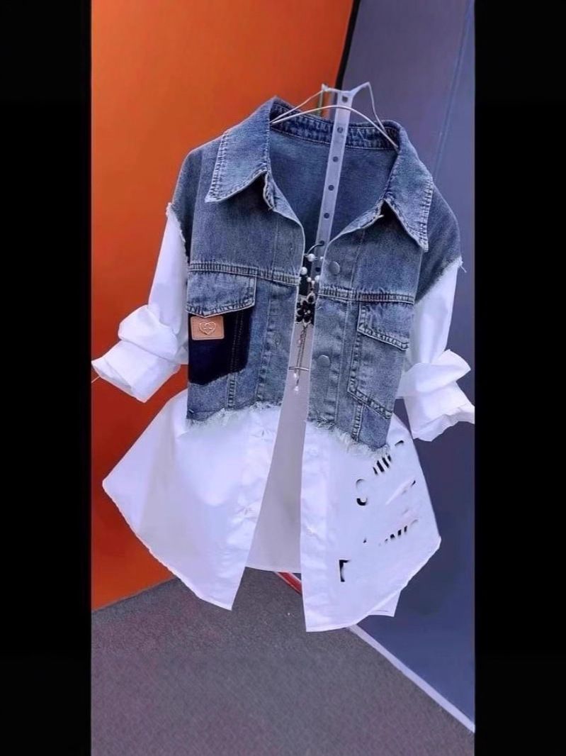 Women's Clothing Retro Denim Layering Shirt Vest – Striped Two-Piece Top With V-Neck (White/Striped, Sizes M-4XL)_ecoleips.com