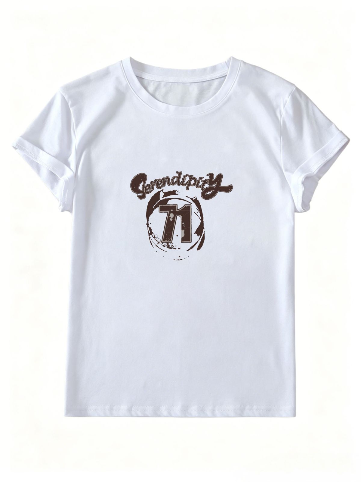 Women Vintage 71 Number Serendipity Letter Graphic T Shirt Round Neck Short Sleeve Loose Casual Streetwear Summer Tops_ecoleips.com