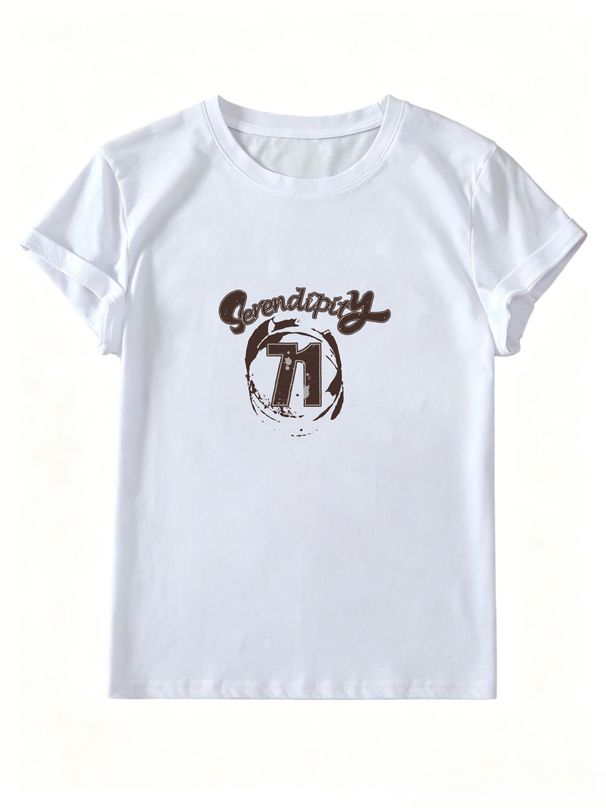 Women Vintage 71 Number Serendipity Letter Graphic T Shirt Round Neck Short Sleeve Loose Casual Streetwear Summer Tops_ecoleips.com