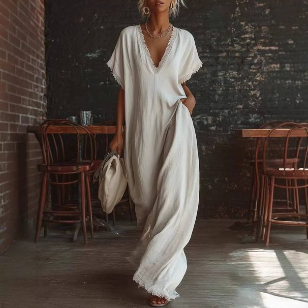 Women's Clothing Women's Casual Elegant Lace Trimmed Linen Jumpsuit Loose Fit Style Comfortable For Formal & Casual For Women_ecoleips.com