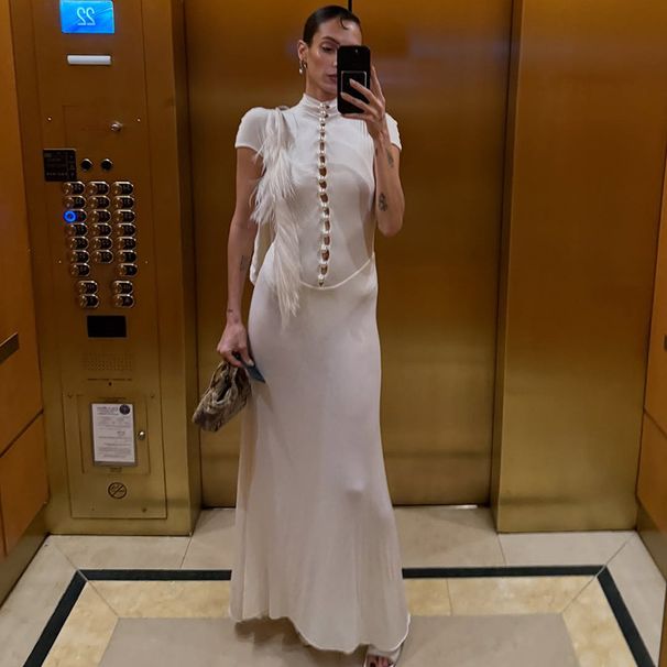 Elegant High-Neck Bodycon Midi Dress With Sheer Panels & Beaded Accents, Solid Color Spliced Party Dinner Dress For Women_ecoleips.com