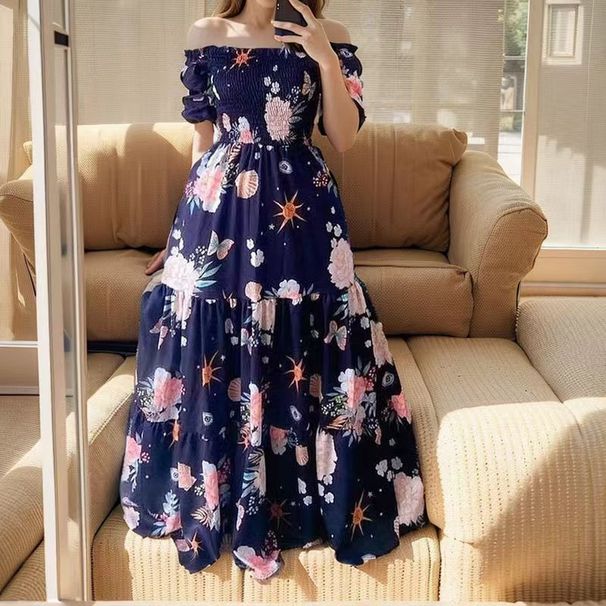 Women's Clothing Commuter Style One Shoulder Large Swing Type Ruffle High Waist Printed Long Skirt Dress_ecoleips.com