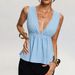 Voya Women's Spring And Summer Light Blue French Style Fashionable Deep V-neck Backless Lace Up Sleeveless Stunning Vest Top_ecoleips.com