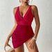 Women's Clothing One Piece Swimsuit V Neck Mesh Splicing Side Drawstring Swimsuit_ecoleips.com