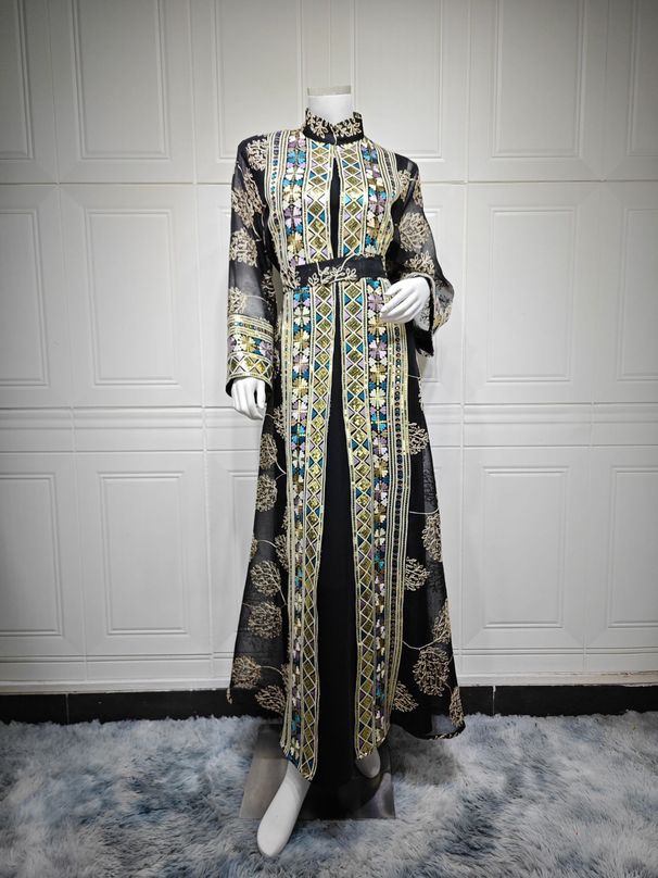 Elegant Muslim Abaya Dress Set With Embroidery & Waist Belt - Modest Long Sleeve Maxi Dress For Women - Occasion Wear For Banquet, Daily & Gathering_ecoleips.com