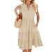 Women's Clothing Solid Color V Neck Loose Short Sleeved Waist Stitching Dress_ecoleips.com