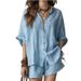 Summer Solid Color Women's Loose Fitting Button down Shirt And Shorts Set Fashion Casual plus Size Clothing_ecoleips.com