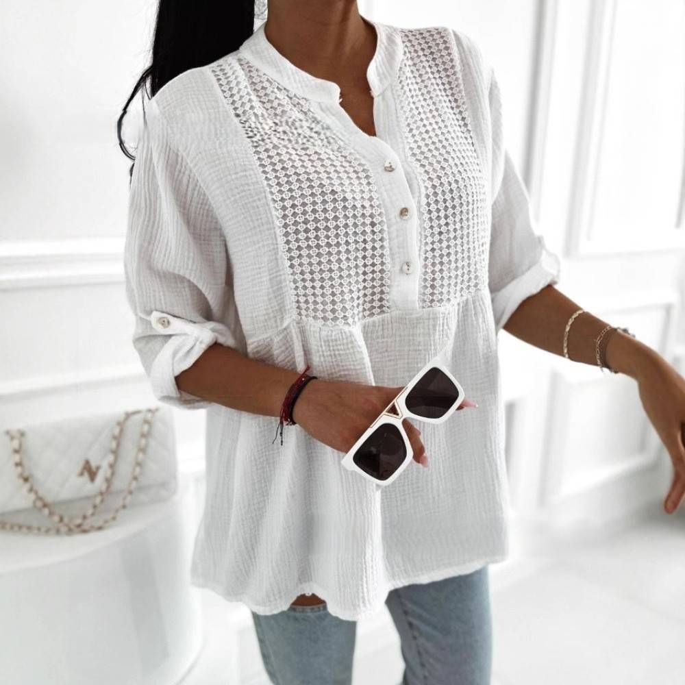 Women's Clothing Fashion Hollow Stitching Lace Loose Shirt_ecoleips.com