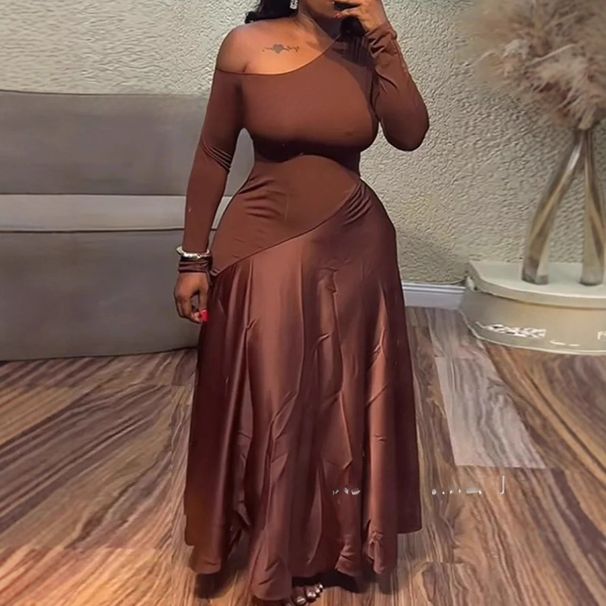 Elegant Plus Size Evening Dress For Women – Off-Shoulder Long Sleeve Bodycon Maxi Dress (Brown, Stretch Knit Fabric)_ecoleips.com