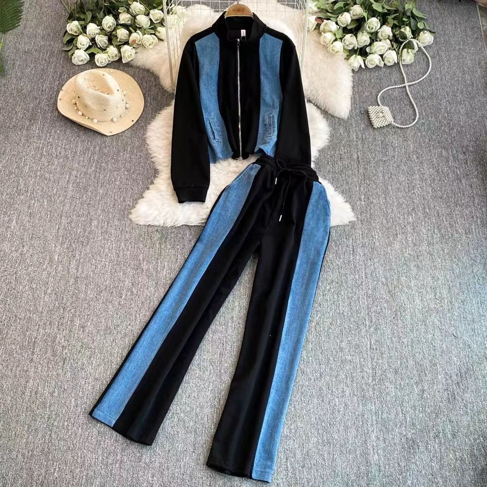 Women's Style Spring Autumn Denim Stitching Stand Collar Sweater Sports Casual Two Piece Fashionable Suit_ecoleips.com