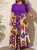 Plus Size Casual Dress For Women; Fashionable Printed Color-Blocked Dress; Short Sleeve Round Neck Fitted Waist Tie Pocket Casual Vacation Dress_ecoleips.com