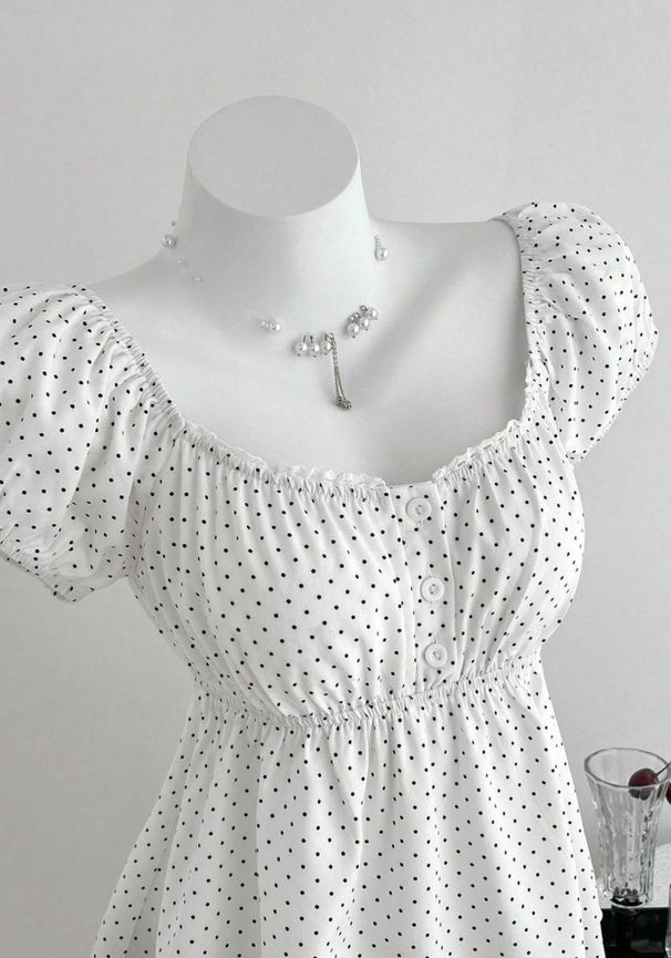 Women's Summer Elegant French Style Waist Cinching Short Sleeve Square Neck Polka Dot Shirt_ecoleips.com
