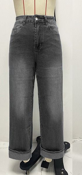 K New Elastic Straight Leg Jeans For Women, Retro Rolled Edge High Waisted Pants_ecoleips.com