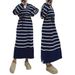 Elegant Modest Dress For Muslim Women - Long Sleeve High Waist Maxi Dress With Striped Knit Fabric, Crew Neck & Drawstring Detail (Navy Blue, S/M/L)"_ecoleips.com