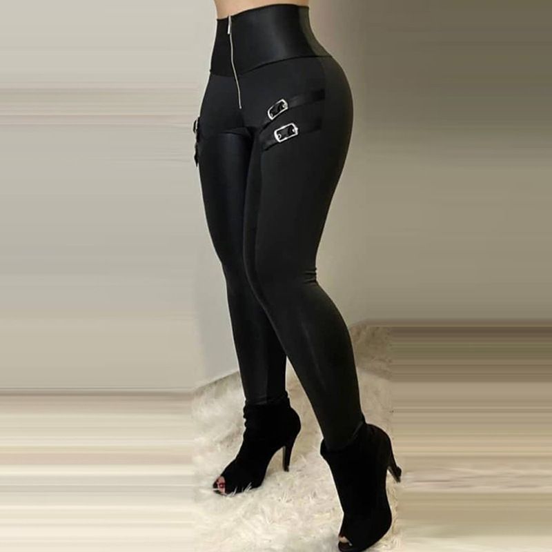 Women's Clothing Black High Waist Tight Zipper Buckle Design Trousers_ecoleips.com