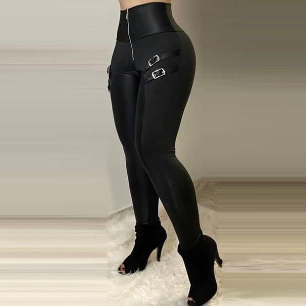 Women's Clothing Black High Waist Tight Zipper Buckle Design Trousers_ecoleips.com