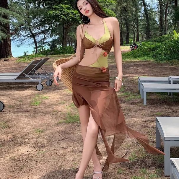 Women's One-Piece Swimsuit With Sheer Skirt, High-End Polyester Sexy Bikini, Tummy Control Bathing Suit For Hot Spring & Beach_ecoleips.com