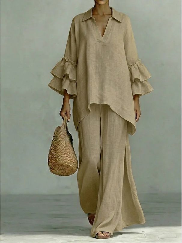 Women's Casual Solid Color Shirt-Collar Two-Piece Lounge Pants Set Comfortable Outfit_ecoleips.com