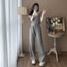 Women's Trendy Two Piece Set Minimalist Casual Sportswear Cross Border Slimming Wide Leg Pants Short Sleeved Top_ecoleips.com