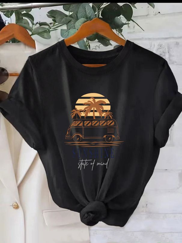Women's Casual Round Neck Short Sleeve T-Shirt Multi-Color American Style Simple Fashionable Sports Top Solid Loose Printed_ecoleips.com