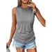 Women's Casual Solid Color Pullover Sleeveless Vest T-Shirt Round Neck Design Pleated Detail For Summer Style_ecoleips.com