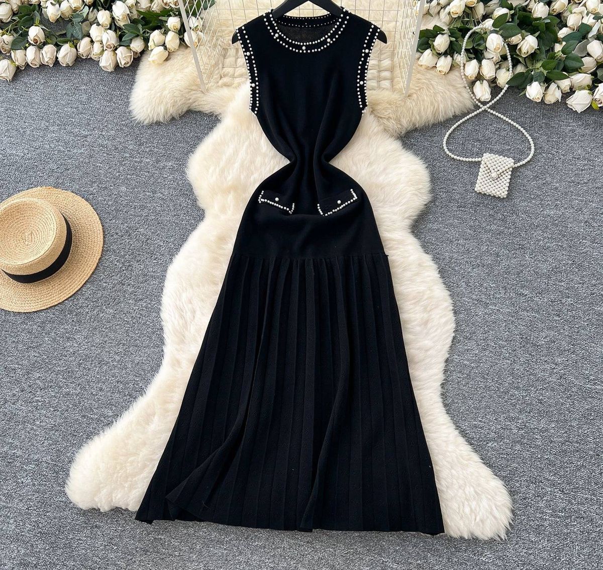 French Style Elegant Beaded Sleeveless Dress For Women, Summer Slim Knitted Vest Long Dress_ecoleips.com