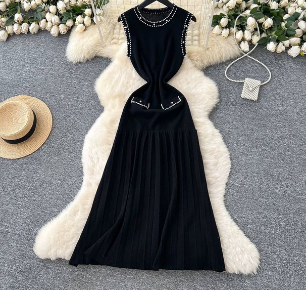 French Style Elegant Beaded Sleeveless Dress For Women, Summer Slim Knitted Vest Long Dress_ecoleips.com