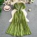 Elegant V Neck Rhinestone Embellished Dress With Short Sleeves Waist Cinching Slimming Pleated Long Skirt For Sophisticated Women_ecoleips.com