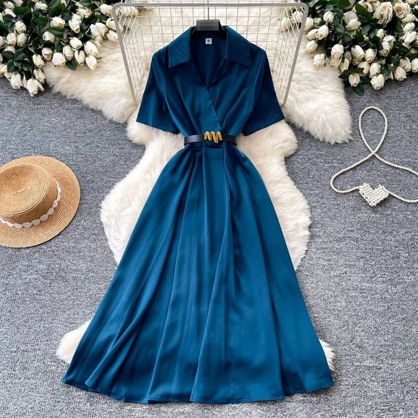 Women's A-Line Long Dress With Collar Short Sleeves Sophisticated Style For Summer And Commuting_ecoleips.com