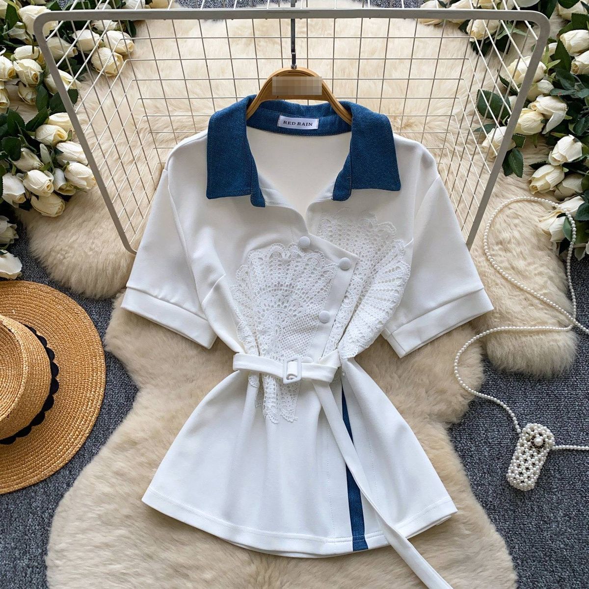 Women's Clothing Women's Style Loose Breathable Shirt Peter Pan Collar Lace Patchwork Design Short Sleeved Waist Cinching Top For Commuting_ecoleips.com