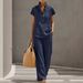 Women's Casual Short Sleeve Cardigan And Trousers Set Solid Color Lazy Style Clothing_ecoleips.com