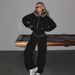 Casual European And American Women's Suit Solid Color Long-sleeved Zipper Fur Collar Hoodie Elastic Pants Two-piece Set_ecoleips.com