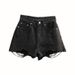 Women’s High-Waisted Distressed Denim Shorts – Frayed Hem & Button Details, Summer Casual Shorts In Black & More_ecoleips.com