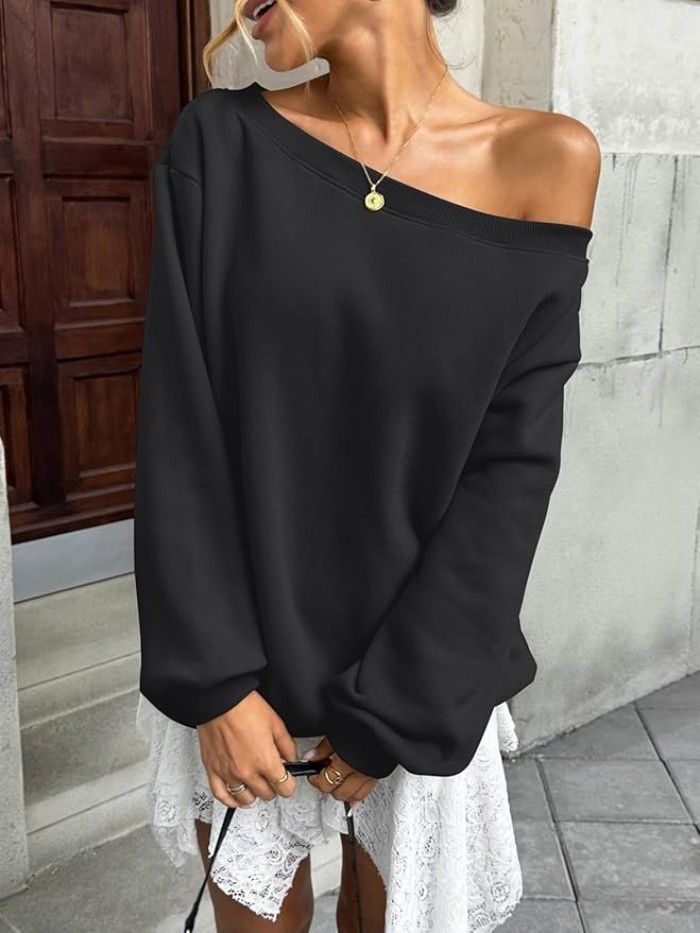 Women's Autumn/Winter Air Layer Loose Casual Fashion Suit Slanted Sweatshirt Style_ecoleips.com