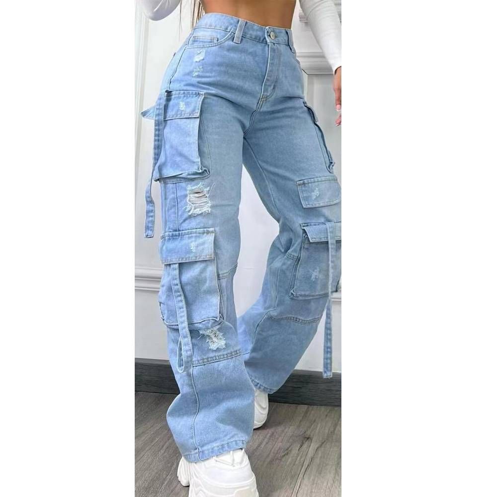 Women's Clothing New Fashion Solid Color All Match Large Size High Waist Multi Pocket Casual Workwear Denim Trousers For Women_ecoleips.com