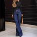 Women's Clothing Retro High Waist Stitching Washed Denim Elastic Slim Flared Pants_ecoleips.com