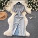 Women's Clothing Style Women's Faux Denim Patchwork Maxi Skirt Slimming Waist Cinching Summer Short Sleeved A-Line Two Piece Dress_ecoleips.com