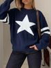 Star Striped Rib Knit Sweater, Loose Casual Jumper_ecoleips.com