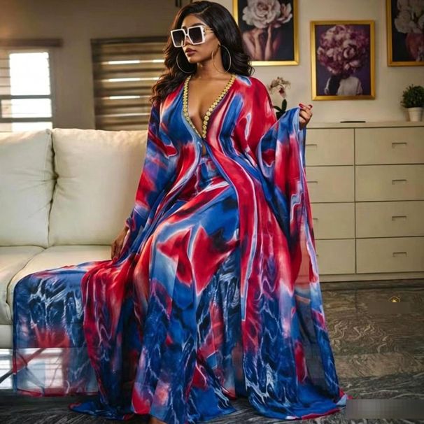 Women's Clothing Chiffon Plus Size Deep V Printed Elegant Long Dress_ecoleips.com