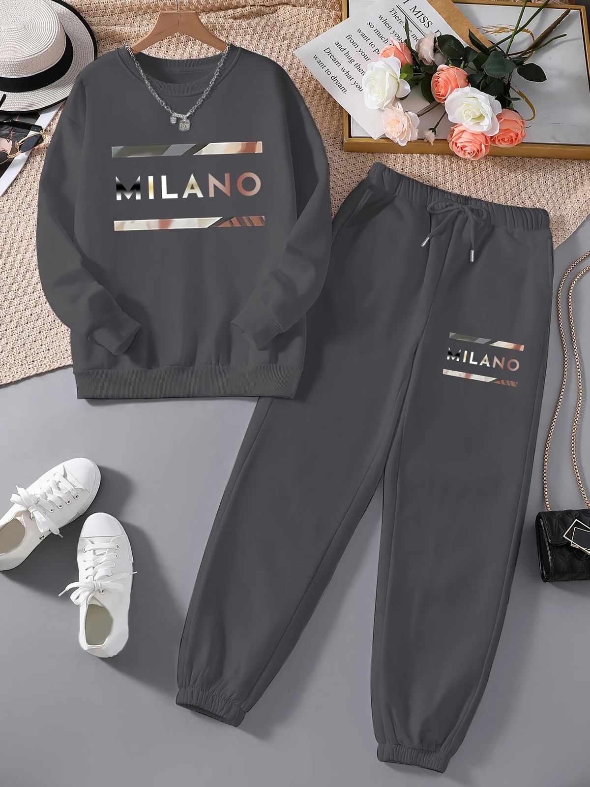 Women's Casual Two Piece Lounge Set, Long Sleeve Round Neck Printed Pullover Top And Elastic Waist Pants, Loose Fit Sweatsuit For Fall_ecoleips.com