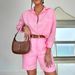 Women's Solid Color Cotton Long Sleeved Shirt And Shorts Set High Waist Fashion Casual European American Style Clothing_ecoleips.com