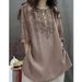 Summer-Themed Vintage-Style Embroidered Shirt With Mid-Length, Loose-Fitting Cotton-Linen Short Sleeves; A Casual, Artis_ecoleips.com