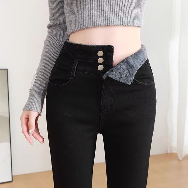 Women's Butt-Lifting Stretch Jeans 2025 Autumn/Winter New Style Petite Slim Fit Fleece-Lined Pencil Pants Wholesale_ecoleips.com