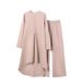 Muslim Fashion Women's Clothing Spring Autumn New Solid Color Sleeve Lace Placket Round Neck Top And Long Pants Set_ecoleips.com