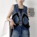 In-stock Vintage Hong Kong Style Street Grid Patchwork Short Denim Vest 2024 Loose-fitting Unique Design Jacket_ecoleips.com