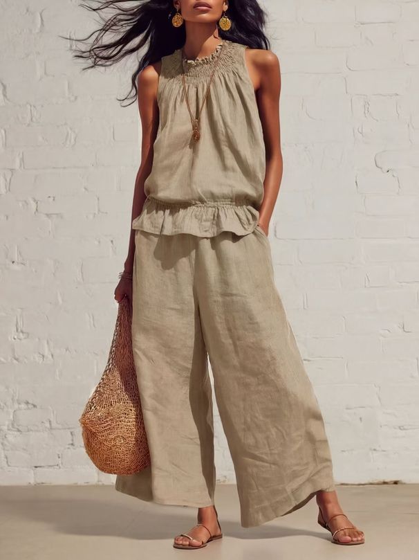 Summer Casual Women's Clothing Set Style Cotton And Linen Sleeveless Ruffled Wide Leg Pants Two Piece_ecoleips.com