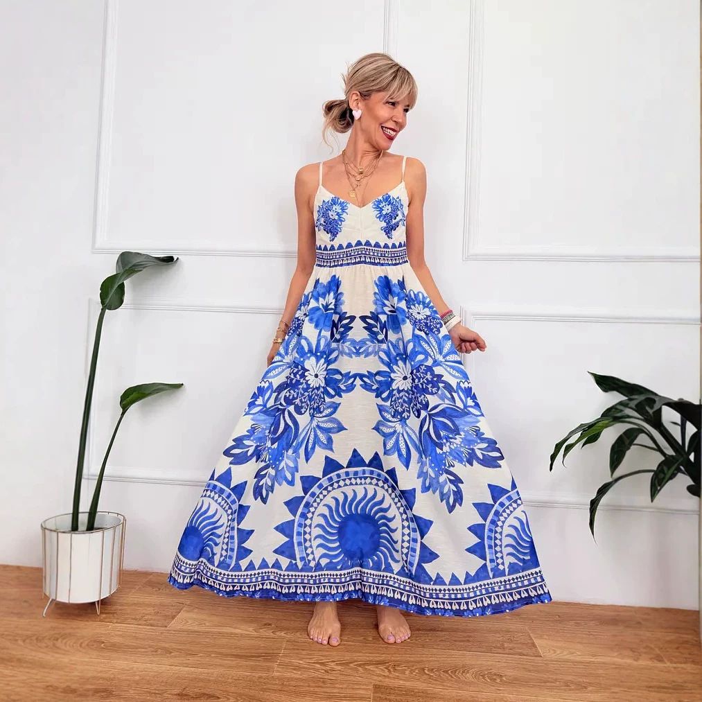Women's Floral Print V-Neck A-Line Slip Dress - Elegant Summer Sleeveless Sundress For Casual And Special Occasions_ecoleips.com