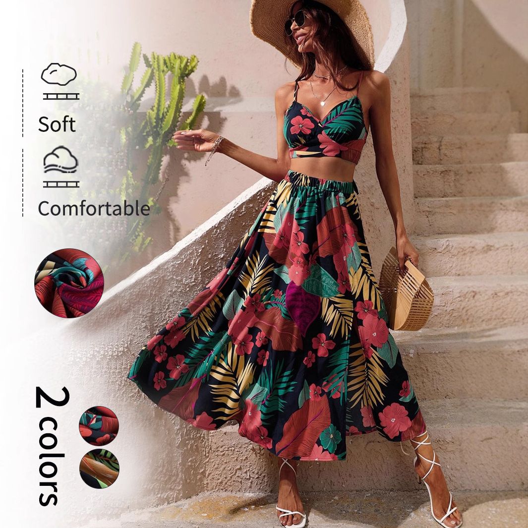 Women's Clothing 2025 Spring Summer Casual Patchwork Printed Strap Long Set Dress_ecoleips.com