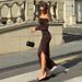 2024 Autumn European And American Style Cross-Border Women's New Fashion One-shoulder Sexy Tight Ruched Side Slit Dress_ecoleips.com